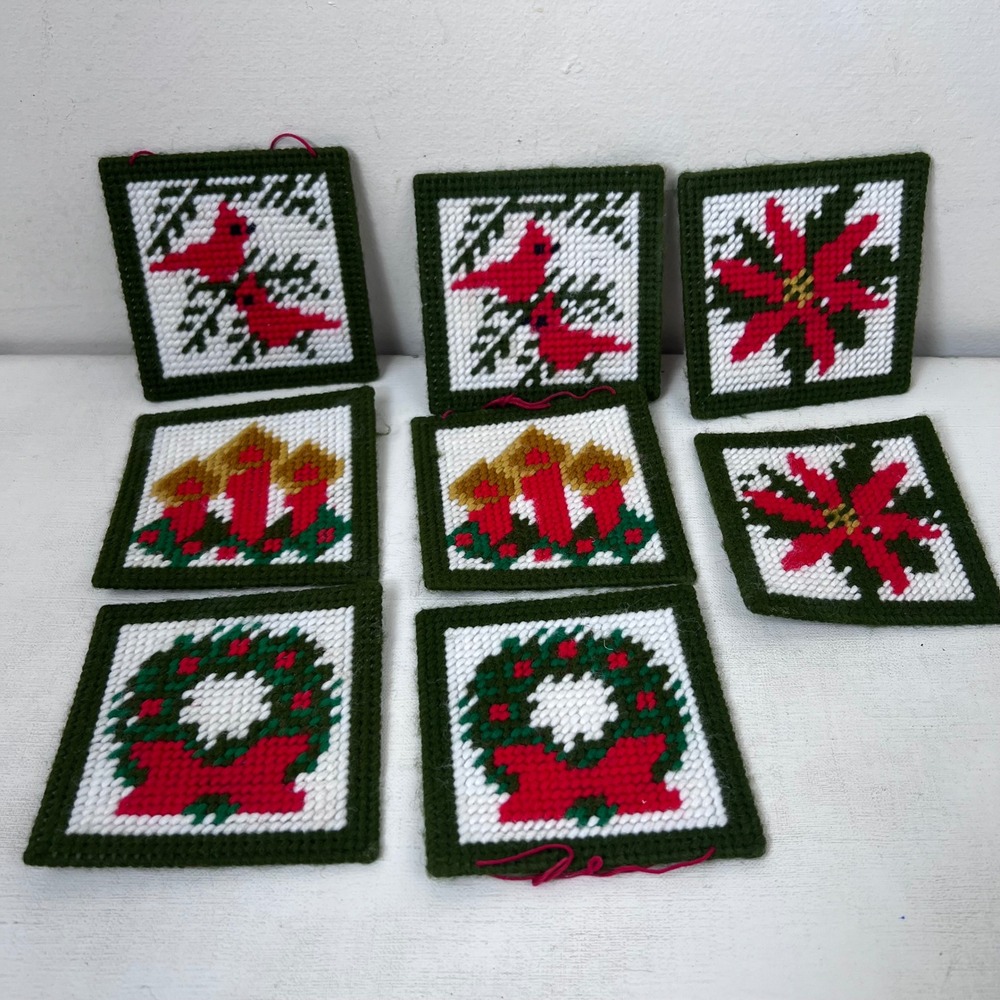 8 Handmade Christmas Needlepoint Coasters Cardinals Poinsettias Wreaths Candles - Picture 1 of 5